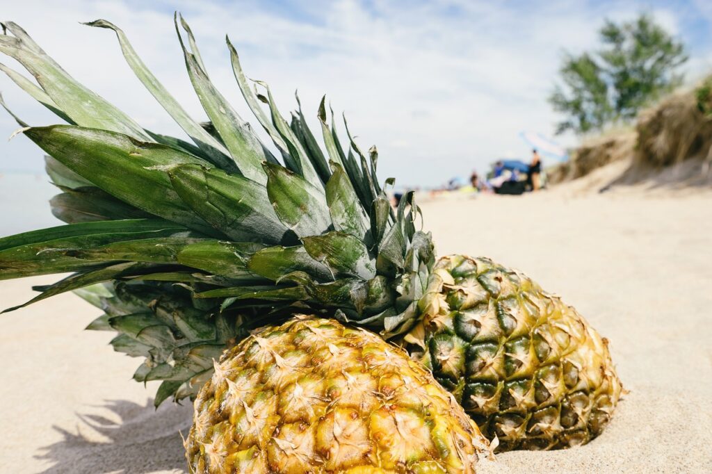 pineapple, sand, beach-1602345.jpg